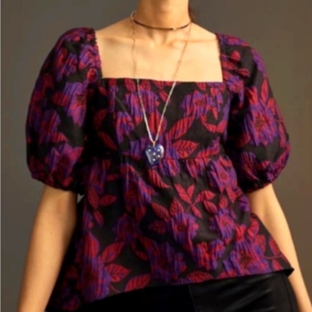 Floral Puff Sleeve Top in Black and Purple - Sachin & Babi X Anthropologie